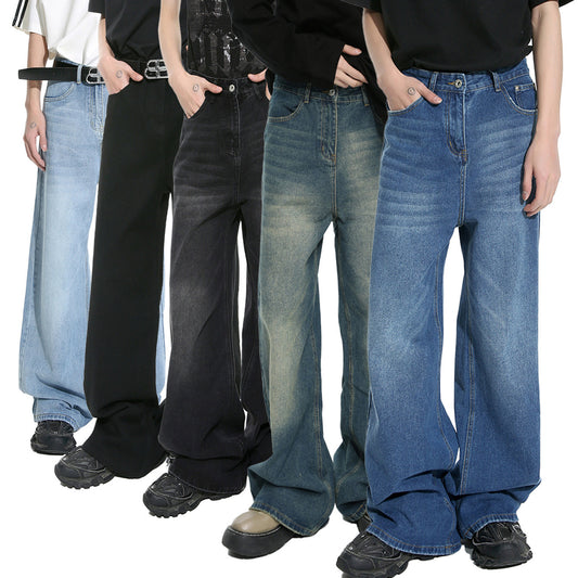 Retro Washed Pattern Simple Straight Casual Jeans