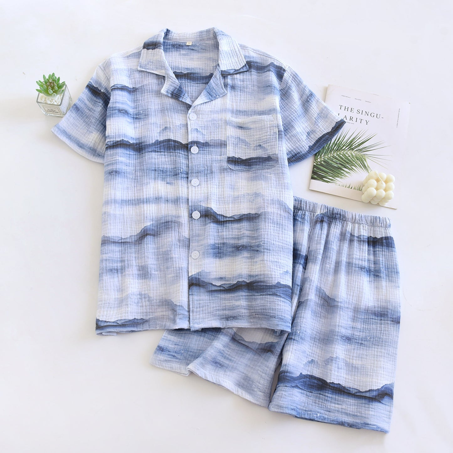 Cotton Double Yarn Crepe Short Sleeve Shorts Men's Pajamas Suit