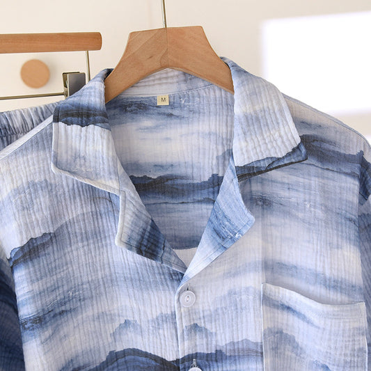 Cotton Double Yarn Crepe Short Sleeve Shorts Men's Pajamas Suit