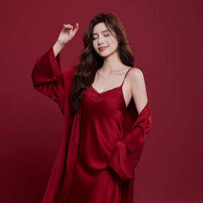 Spring And Autumn Ice Silk Red Festive Men's And Women's Wedding Dowry Suit