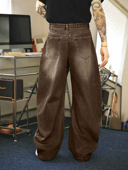 Men's Brown Washed Loose Flared Jeans
