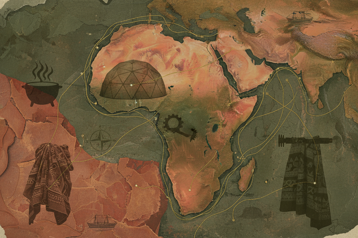 An abstract collage blending a textured map of Africa with subtle product silhouettes (a tent, a cooking pot, a tool, a piece of fabric). The color palette is earthy with greens, browns, and terracotta. The style is artistic and professional, conveying journey and trade. --ar 16:9