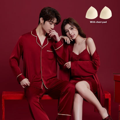 Spring And Autumn Ice Silk Red Festive Men's And Women's Wedding Dowry Suit